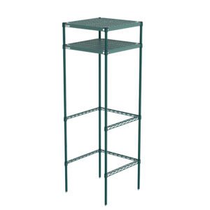 The green metal plant stand, featuring two square perforated shelves and measuring 24 x 24 x 74, with slender legs and crisscross support bars, has a sleek design resembling the Metro CR242474PRH2 Super Erecta Pro Overhead Storage 2-Shelf Docking Station.