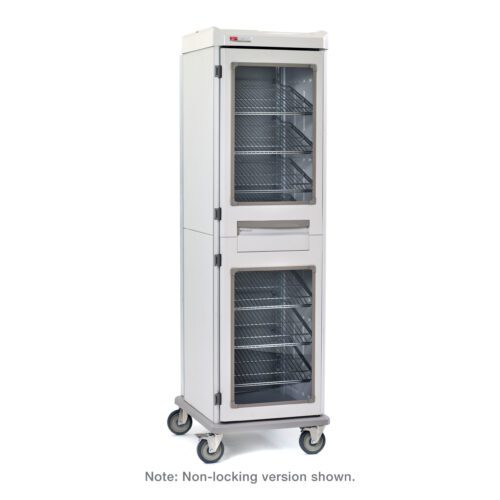 The Metro SXRS76MXD3 Starsys XD Extra Deep Mobile Supply Cabinet is a single-wide, wheeled cabinet featuring clear doors and wire shelves. A front handle complements its sleek design, and it includes a code locking mechanism.