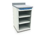 The Metro SXR36WC2 Starsys Stationary Workcenter is a bedside cabinet in white and gray with a blue handle, featuring a stone-like top finish, three open shelves, and a sleek gray base that complements any space.