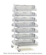 The Metro QB218-M14A qwikSIGHT Mobile Double-Sided 14-Basket Shelving Add-On Unit, 18 L, is a tall, white metal shelving system featuring adjustable shelves and six perforated bins. It is mounted on wheels for convenient mobility with possible slight dimension variations.