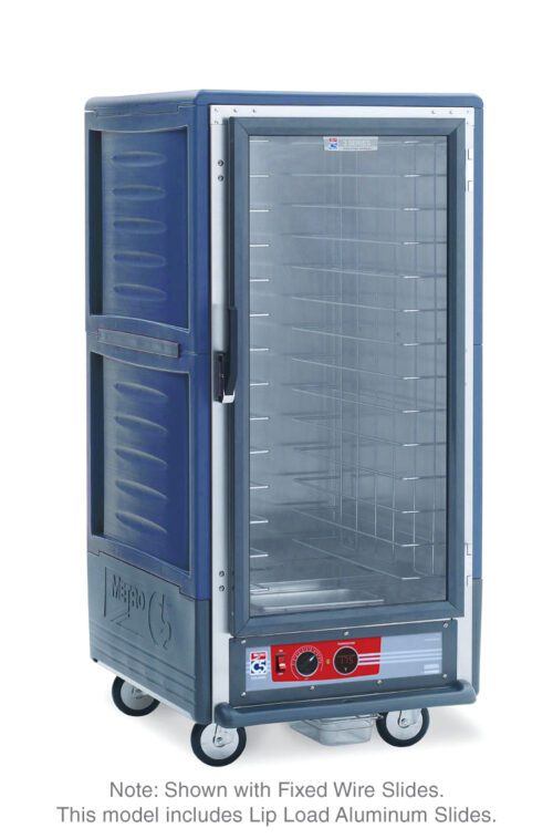 The Metro C537-HXFC-L-BU C5 3 Series Insulated Holding Cabinet in blue features a full-length clear door, lip load aluminum slides, and a digital control panel at the bottom. It operates at 220-240V and is also available in 3/4 height.