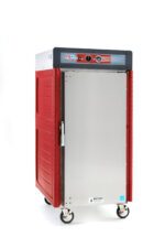 The Metro C548-ASFS-U C5 4 Series Insulated Holding Cabinet, in striking red and silver with stainless steel finish, has a full-length solid door and universal wire slides. This 5/6 height, 120V cart includes wheels, a handle, and top temperature control knobs for easy food transport and warmth maintenance.