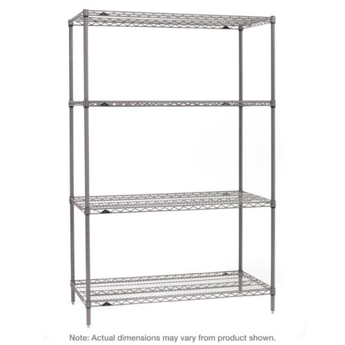 The Metro SE-214274K4-S-4 Super Erecta 4-Shelf Industrial Wire Shelving Starter Unit features adjustable shelves and a Metroseal Gray Epoxy finish, measuring 21 x 42 x 74. Each metal grid shelf is supported by sturdy posts, though dimensions may slightly vary.