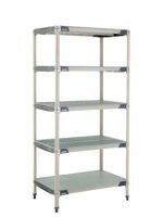 The MetroMax i 5X537HX3 5-Shelf Plastic Industrial Shelving Starter Unit measures 24 x 36 x 74, with five adjustable vented shelves, a solid bottom shelf, and robust grey frame with adjustable feet offering stable organization in any space.