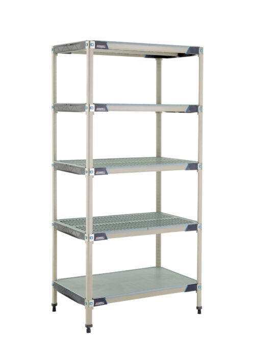 The MetroMax i 5X537HX3 5-Shelf Plastic Industrial Shelving Starter Unit measures 24 x 36 x 74, with five adjustable vented shelves, a solid bottom shelf, and robust grey frame with adjustable feet offering stable organization in any space.