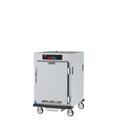 The Metro C595X-SFS-U C5 9 Series is a gray, half-height, commercial heated holding cabinet on wheels with a vented design and digital display. It features a single front door with a handle, universal wire slides, and durable casters for optimal mobility.