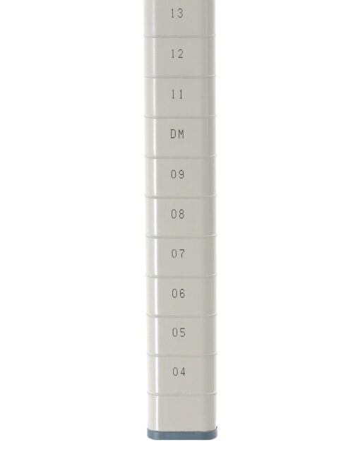4if76wypbf6lrany06f14qqkftu9mnni.jpg A MetroMax MQ33UPE post, made from epoxy-coated steel, serves as an industrial shelving unit at 33 tall and features measurement markings from size 4 to 13, with a DM mark between sizes 11 and 12 on a white background.