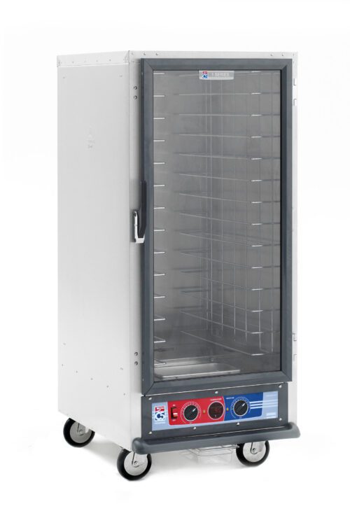 The Metro C517-PXFC-4A C5 1 Series, a tall stainless steel 3/4 height proofing cabinet with glass door and fixed wire slides, features bottom control knobs, multiple shelves, and caster wheels for mobility. Compatible with 220-240V at 50/60Hz.