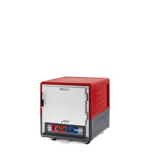 The Metro C533-MFS-UA C5 3 Series Insulated Moisture Heated Holding/Proofing Cabinet features a red design with a solid front door, handles, and ventilation dial. Operating at 60Hz and 2000W, it’s perfect for keeping food warm while displaying brand logos on the front panel.