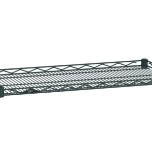 The black Metro HDM1436-DSG Super Erecta display shelf with a smoked glass finish features a metal grid design, raised edges, and four corner posts for support. Measuring 14 x 36, it is rectangular and set against a white background.