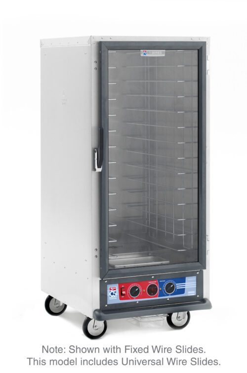 The Metro C517-PFC-U C5 1 Series Proofing Cabinet is a tall, 3/4 height stainless steel heated unit on wheels with a clear front door. It features Universal Wire Slides, multiple wire racks inside, temperature controls at the bottom and comes in the 120V, 60Hz, 1440W variant.