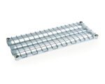 The Metro 1836DRC Super Erecta Heavy-Duty Dunnage Shelf features a sleek rectangular grid design, chrome finish, and is supported by four corner pegs, all displayed against a white background.