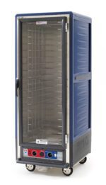 The Metro C539-CXFC-4-BUA is a full-height, blue insulated holding/proofing cabinet with a clear glass door and fixed wire slides on metal shelves. It has control knobs on the base, runs on 220-240V, and is mounted on wheels for easy maneuverability.