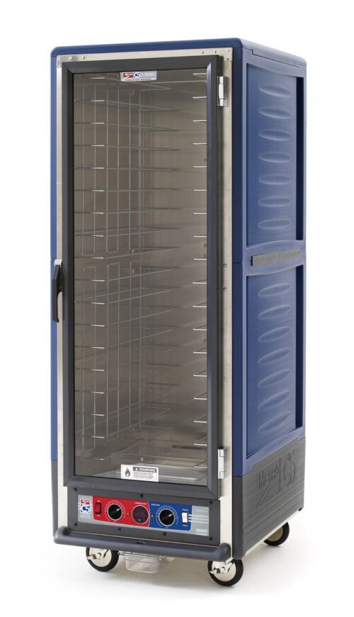 4p17ksftc7ykk1os4v93sr3047cy2brf.jpg The Metro C539-CXFC-4-BUA is a full-height, blue insulated holding/proofing cabinet with a clear glass door and fixed wire slides on metal shelves. It has control knobs on the base, runs on 220-240V, and is mounted on wheels for easy maneuverability.