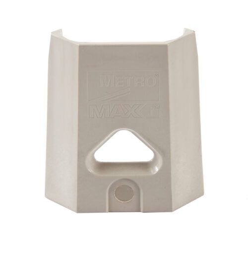 The gray plastic corner piece with a triangular cutout and METRO MAX text enhances the MetroMax i MX2424G Plastic Industrial Shelf with Grid Mat, 24 x 24. Its angled design is ideal for sturdy shelving systems.