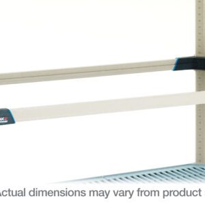 A beige Metro M4F2424 shelving unit with a metal frame includes a single 24 x 24 storage level shelf, featuring plastic corner connectors. Note: Actual dimensions may vary from product shown.
