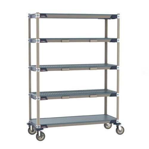 The Metro ECP35CX3 MetroMax i Par Level Cart, 18 x 48, is showcased as a five-tier industrial-style unit with vented dark gray shelves and a beige frame. It stands on four wheels for easy mobility against a plain white background.