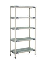 The MetroMax i 5X337GX3 5-Shelf Plastic Industrial Shelving Starter Unit measures 18 x 36 x 74, featuring five adjustable perforated shelves, a light grey frame, black plastic feet, and corner reinforcements for stability, making it ideal for industrial use.
