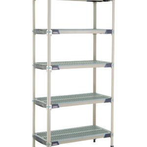 The MetroMax i 5X337GX3 5-Shelf Plastic Industrial Shelving Starter Unit measures 18 x 36 x 74, featuring five adjustable perforated shelves, a light grey frame, black plastic feet, and corner reinforcements for stability, making it ideal for industrial use.