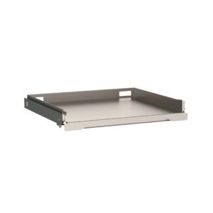 The Metro FL101 3 Pull Out Shelf, designed for Flexline and Lifeline Carts, features a streamlined rectangular metal design with straight edges and a smooth finish, making it ideal for cabinet or shelving unit installation.