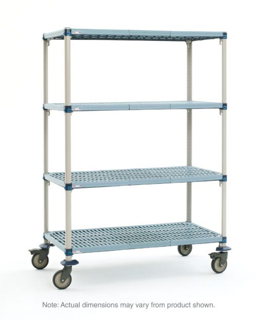 The MetroMax Q Q536EG3 4-Shelf Industrial Plastic Shelving Mobile Cart, measuring 24 x 36 x 68, has four blue open grid ventilated shelves with gray supports and caster wheels. Note: Actual dimensions may vary from product shown.