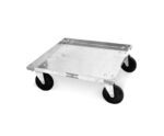 The Metro D2020N Dish Rack Dolly is a compact, square metal dolly with four large rubber wheels, ideal for transporting heavy items. Its flat platform and simple design make it perfect for industrial or warehouse settings.