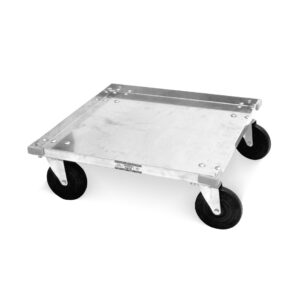 The Metro D2020N Dish Rack Dolly is a compact, square metal dolly with four large rubber wheels, ideal for transporting heavy items. Its flat platform and simple design make it perfect for industrial or warehouse settings.