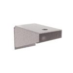 The 3D rendering highlights a Metro BESK4 Super Erecta Wall Mount End Post Bracket, finished in Metroseal Gray Epoxy. Its rectangular design with a circular top hole is perfect for mounting or support tasks.