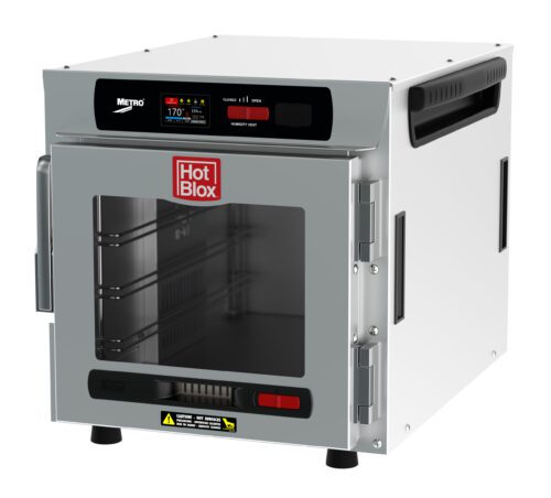 The Metro HBCN4-DC-CT HotBlox, a silver and black 4-pan insulated food warmer, features a clear door and digital touchscreen showing 170°F. With 875W power and NEMA 5-15P plug, it’s perfect for professional kitchens.