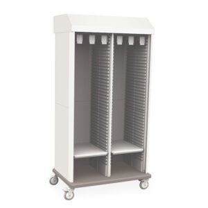 The Metro SXRD83MCATHTD Starsys Tambour Door Mobile Catheter Storage Cabinet in white is a tall, double-wide mobile unit with two vertical compartments featuring gray horizontal tray/shelf slots, a flat top, and four wheels for easy mobility.