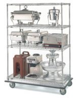 The Metro N566MC Shelving Dolly Truck Cart (24 x 60 x 70.0625) efficiently organizes catering gear. It holds a chafing dish and beverage dispenser on top, two dishes with a heater in the middle, and a brown insulated drink dispenser with a silver fountain below, all on wheels.