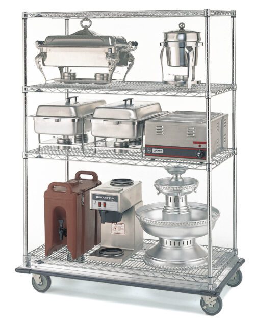 The Metro N566MC Shelving Dolly Truck Cart (24 x 60 x 70.0625) efficiently organizes catering gear. It holds a chafing dish and beverage dispenser on top, two dishes with a heater in the middle, and a brown insulated drink dispenser with a silver fountain below, all on wheels.