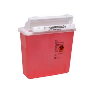 The Metro FL252 20-Pack includes 5-quart red biohazard containers for Flexline and Lifeline, with a white lid featuring a sliding mechanism for safe disposal, clearly marked with biohazard symbols and instructions.