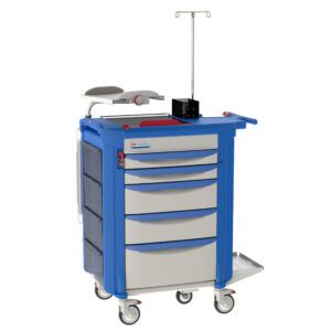 The Metro LECCRP7 Lifeline Crash Cart, Blue, features a sleek design with blue trim and gray drawers on wheels. It includes a fold-out tray, push handle, IV pole, defibrillator shelf, and organizer for medical supplies.