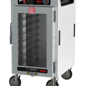 The Metro HBCN8-AC-M HotBlox is a stainless steel mobile cabinet with a clear door, multiple shelves, and wheels. It features an analog controller for precise temperature control. With 875W power at 120V and labeled Hot Blox, its the ultimate narrow 8-pan insulated holding solution.