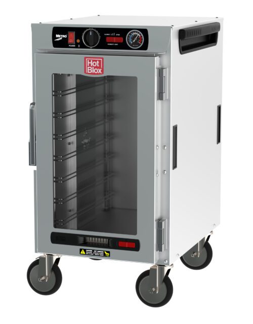 The Metro HBCN8-AC-M HotBlox is a stainless steel mobile cabinet with a clear door, multiple shelves, and wheels. It features an analog controller for precise temperature control. With 875W power at 120V and labeled Hot Blox, its the ultimate narrow 8-pan insulated holding solution.