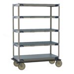 The Metro ECT55CX3 MetroMax i Transport and Exchange Cart, 24 x 48, has five gray plastic shelves within a beige metal frame, features four large wheels for mobility, an industrial design, and perforated shelves for ventilation.