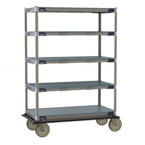 The Metro ECT55CX3 MetroMax i Transport and Exchange Cart, 24 x 48, has five gray plastic shelves within a beige metal frame, features four large wheels for mobility, an industrial design, and perforated shelves for ventilation.