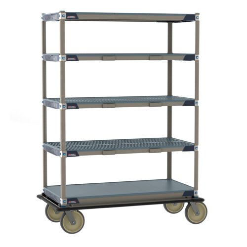 The Metro ECT55CX3 MetroMax i Transport and Exchange Cart, 24 x 48, has five gray plastic shelves within a beige metal frame, features four large wheels for mobility, an industrial design, and perforated shelves for ventilation.