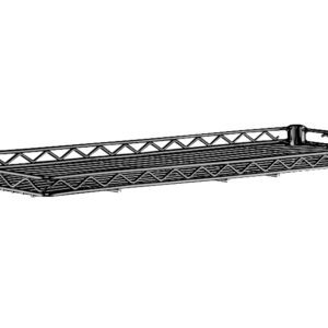 The Metro 1224CSN-DSG Super Erecta Shelf is a 12 x 24 black rectangle with a smoked glass finish and zigzag side pattern, elegantly mounted on the wall.