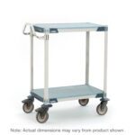 The MetroMax i MXUC2436F-25L utility cart is a two-tier industrial polymer shelving unit with solid shelf mats. It measures 24 W x 36 L x 39.25 H, has a metal handle, and features four swivel wheels in a sleek blue and gray design for efficient transport. Dimensions may vary slightly.