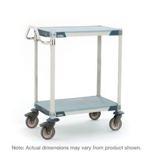 The MetroMax i MXUC2436F-25L utility cart is a two-tier industrial polymer shelving unit with solid shelf mats. It measures 24 W x 36 L x 39.25 H, has a metal handle, and features four swivel wheels in a sleek blue and gray design for efficient transport. Dimensions may vary slightly.