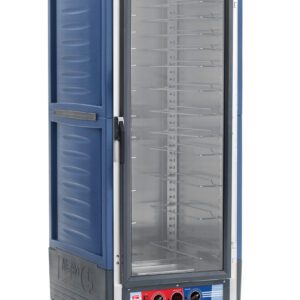 The Metro C539-MFC-U-BUA C5 3 Series cabinet is a tall, blue, full-height insulated model with a clear door revealing multiple shelves and universal wire slides. It features 120V control knobs and indicator lights for easy operation.