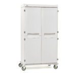 The Metro SXRD76MXD4 Starsys XD Extra Deep Mobile Supply Cabinet is a double-wide, tall, white storage unit with solid non-locking doors, silver handles, and four wheels for mobility, displayed against a plain white background.