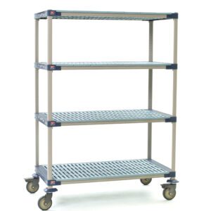 The MetroMax 4 X556PG4 is a 4-shelf industrial plastic shelving mobile cart with open grid shelves and swivel casters for easy movement. Each shelf measures 24 x 48 x 67.3125, but note that dimensions may vary.