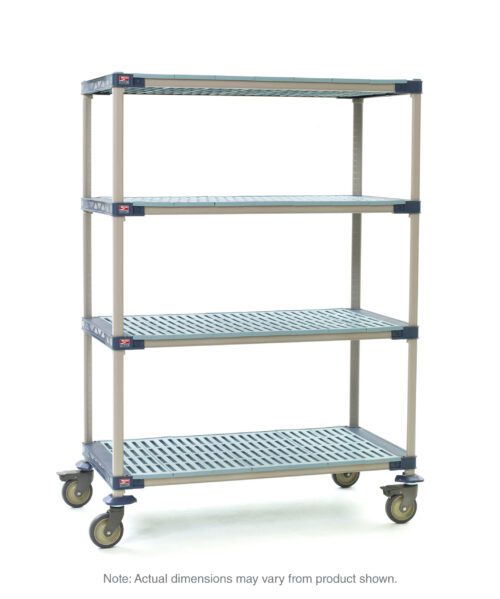 The MetroMax 4 X556PG4 is a 4-shelf industrial plastic shelving mobile cart with open grid shelves and swivel casters for easy movement. Each shelf measures 24 x 48 x 67.3125, but note that dimensions may vary.