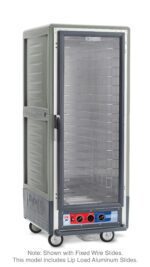 The Metro C539-MXFC-L-GY C5 3 Series Insulated Moisture Heated Holding/Proofing Cabinet is full height, has a full-length clear door, lip load aluminum slides, operates at 220-240V and 1681-2000W, and comes in gray with wheels for easy mobility and bottom controls.