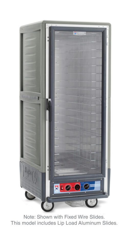 The Metro C539-MXFC-L-GY C5 3 Series Insulated Moisture Heated Holding/Proofing Cabinet is full height, has a full-length clear door, lip load aluminum slides, operates at 220-240V and 1681-2000W, and comes in gray with wheels for easy mobility and bottom controls.