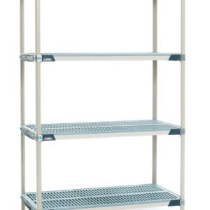 The MetroMax i X526GX3 4-shelf industrial shelving unit, measuring 24 x 30 x 63, features ventilated metal shelves with a sleek silver frame and blue corner accents. Note that the dimensions may vary slightly from the product shown.