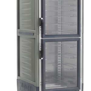 The Metro C539-CLDC-U-GYA C5 3 Series is a full-height, gray insulated holding/proofing cabinet with Dutch clear doors, universal wire slides, and visibility of multiple shelves through its transparent front. It operates at 120V, 60Hz, and 1440W.